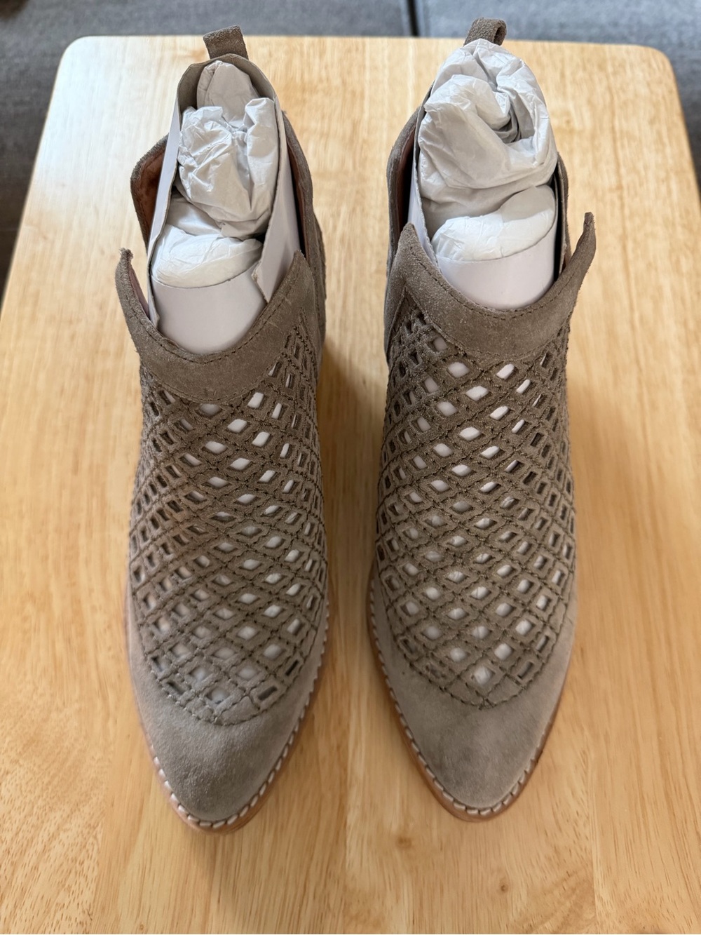 kenzie Taupe Suede Laser-Cut Wedge Booties